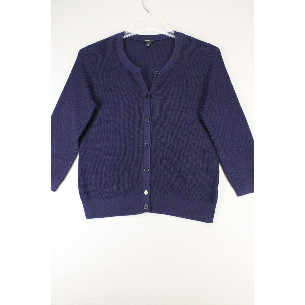 Talbots Cardigan Sweater Womens L Navy Blue Cotton Wool Blend Knit Preppy